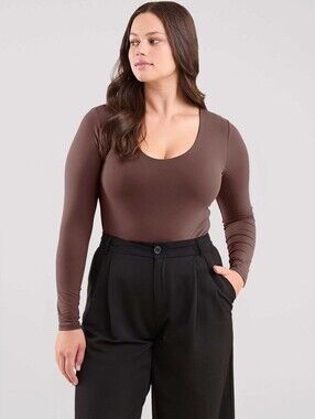 NUUDS Long Sleeve Scoop Neck Bodysuit Coffee Brown XL Extra Large
